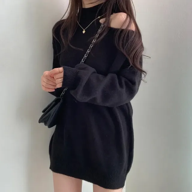 【D.studio】韓版氣質露肩寬鬆針織上衣(毛衣長袖上衣衣服保暖上衣冬天女裝 秋冬女裝 發熱衣 長袖t恤W325)
