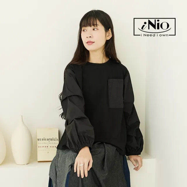 【iNio 衣著美學】縮口袖拼接修身長袖上衣 褶皺袖管 面料拼接 圓領長袖棉Ｔ(CEW1844)