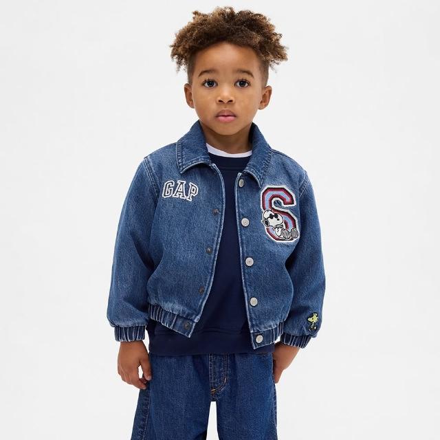 【GAP】男幼童裝 Gap x Snoopy史努比聯名 Logo刺繡翻領長袖牛仔外套-深色水洗(845165)