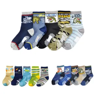 【橘魔法】（5雙一組） 恐龍防滑膠點 止滑 中筒襪(中短襪 襪子  男童 中童 小童 兒童 童襪 男童 女童)