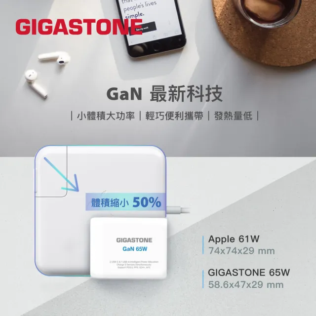 【Gigastone 立達國際】GaN 65W氮化鎵Type-C三孔急速快充充電器Pro PD-7650(白色/手機/平板/筆電快充)