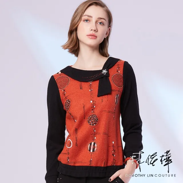 【LUNG.L 林佳樺】Y894A 橘黑幾何圖騰造型領微刷毛長袖女裝上衣(秋冬新品)