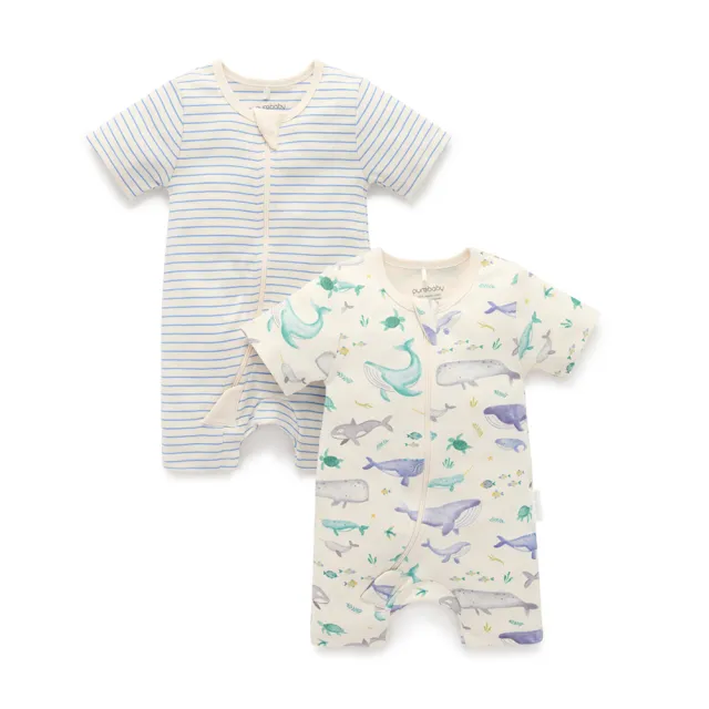 【Purebaby】澳洲有機棉 嬰兒短袖連身衣兩件組(新生兒 有機棉 包屁衣)