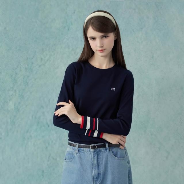 【ELLE ACTIVE】女款 法式袖口條紋圓領長袖上衣-深藍色(EA25A1W1704#39)