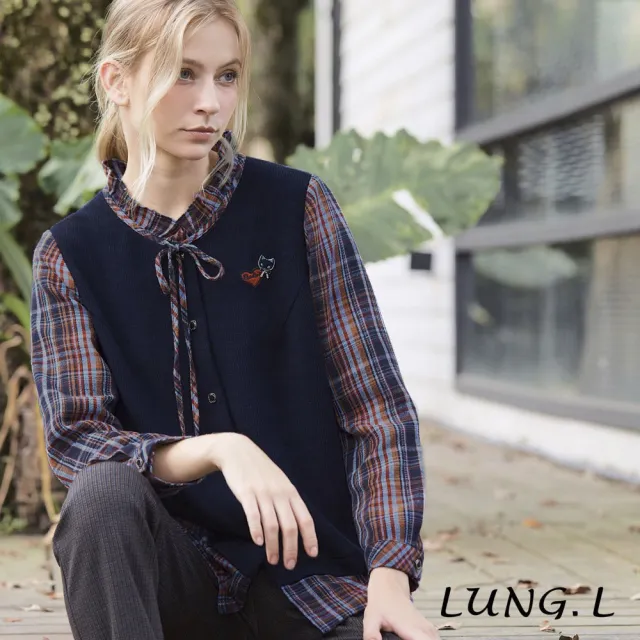 【LUNG.L 林佳樺】LT38A 深藍背心拼接格紋襯衫假兩件長袖女裝上衣(秋冬新品)