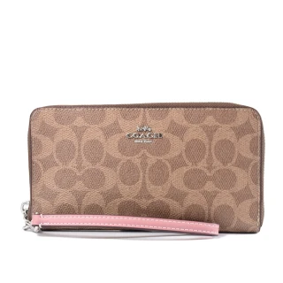 【COACH】緹花LOGO防刮全開拉鍊手掛式長夾-棕褐粉/附活動卡夾