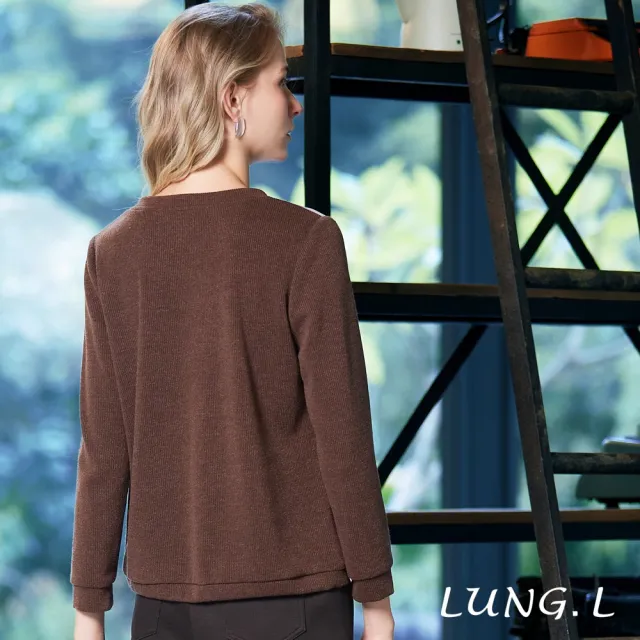 【LUNG.L 林佳樺】LT35A 棕咖色拼接印花抽繩長袖女裝上衣(秋冬新品)