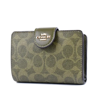【COACH】立體馬車緹花LOGO防刮釦式中夾-橄欖綠