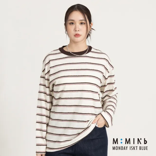 【M:MINb】配色毛絨條紋長袖T恤(深咖/中大尺碼女裝/XL女裝/女裝/大尺碼上衣/大尺碼T恤)