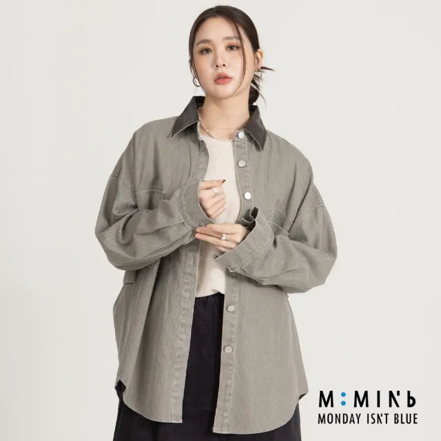 【M：MINb】巴恩風皮質翻領牛仔襯衫外套(深灰/中大尺碼女裝/XL女裝/女裝/大尺碼上衣/巴恩風/大尺碼外套)