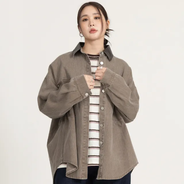 【M：MINb】巴恩風皮質翻領牛仔襯衫外套(深咖/中大尺碼女裝/XL女裝/女裝/大尺碼上衣/巴恩風/大尺碼外套)