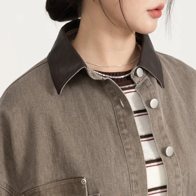 【M：MINb】巴恩風皮質翻領牛仔襯衫外套(深咖/中大尺碼女裝/XL女裝/女裝/大尺碼上衣/巴恩風/大尺碼外套)
