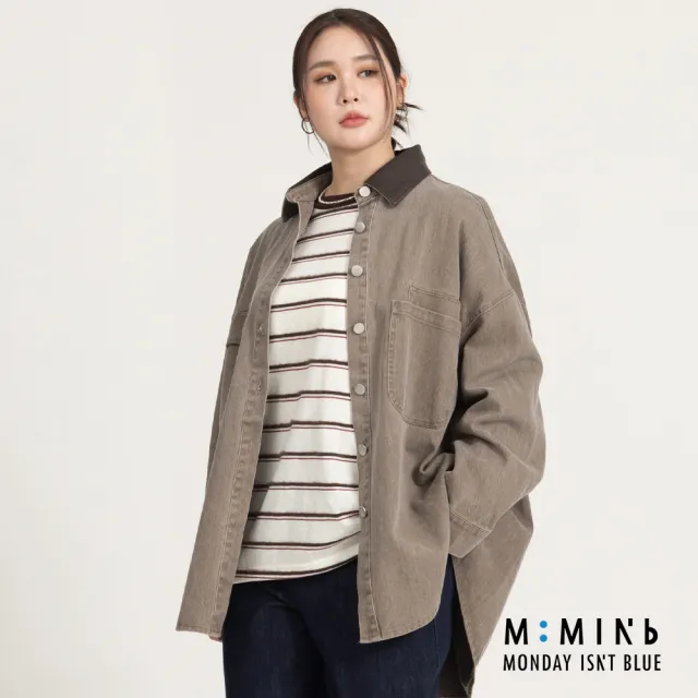 【M：MINb】巴恩風皮質翻領牛仔襯衫外套(深咖/中大尺碼女裝/XL女裝/女裝/大尺碼上衣/巴恩風/大尺碼外套)