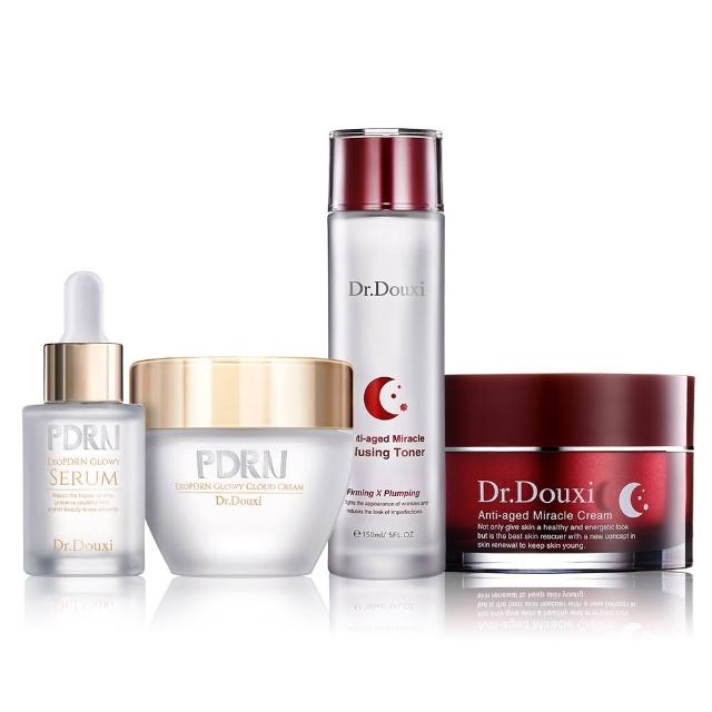 Dr.Douxi朵璽 彈潤撫紋加乘組，專為肌膚修復與保濕設計，包含熬夜前導液、PDRN外泌體水光精華、PDRN外泌體水光雲朵霜及熬夜霜，輕盈質地瞬間吸收，清爽保濕不黏膩，有效提升肌膚彈性，讓膚觸回到飽滿緊實狀態。深入肌底啟動修護機制，加速肌膚更新，穩定膚況、強化屏障，適合熬夜肌與肌膚疲勞時使用。