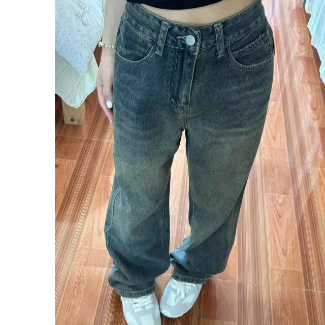 【MintAriel】輕奢著衣★復古藍刷色時尚舒適高腰直筒牛仔褲★(絕美刷色挺直無彈性)