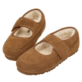 【Grace Gift】輕甜冬日真皮毛毛輕量瑪莉珍平底鞋(棕)