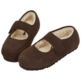 【Grace Gift】輕甜冬日真皮毛毛輕量瑪莉珍平底鞋(咖)