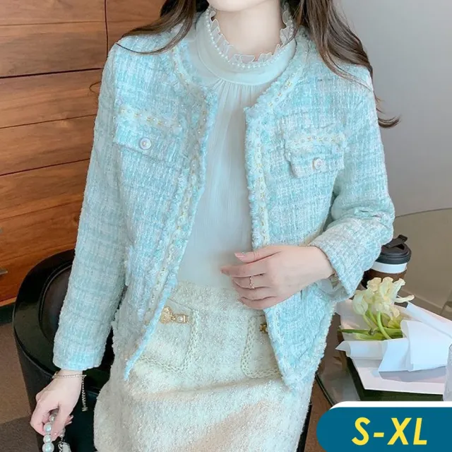【CHACO】/預購/女 質感小香風粗釘珠滾邊花呢長袖外套#8980(女 小香 粗花呢 外套 婚宴 尾牙)