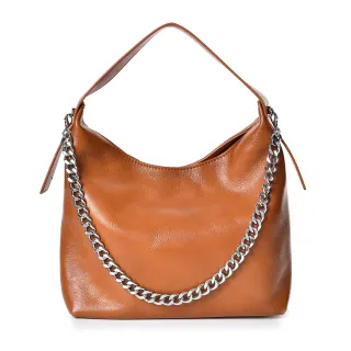 【MIYUNA 米友娜】真皮植鞣牛皮Nita柔軟時尚鍊條斜背包(真皮包包 夕陽棕)