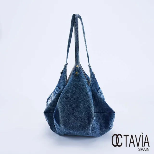 【OCTAVIA 8】雙11 吉普賽 多邊形萬向 拼布牛仔肩背包-百變藍(可後背 緹花牛仔布)