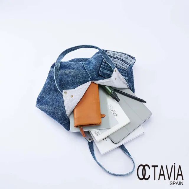 【OCTAVIA 8】雙11 吉普賽 多邊形萬向 拼布牛仔肩背包-百變藍(可後背 緹花牛仔布)