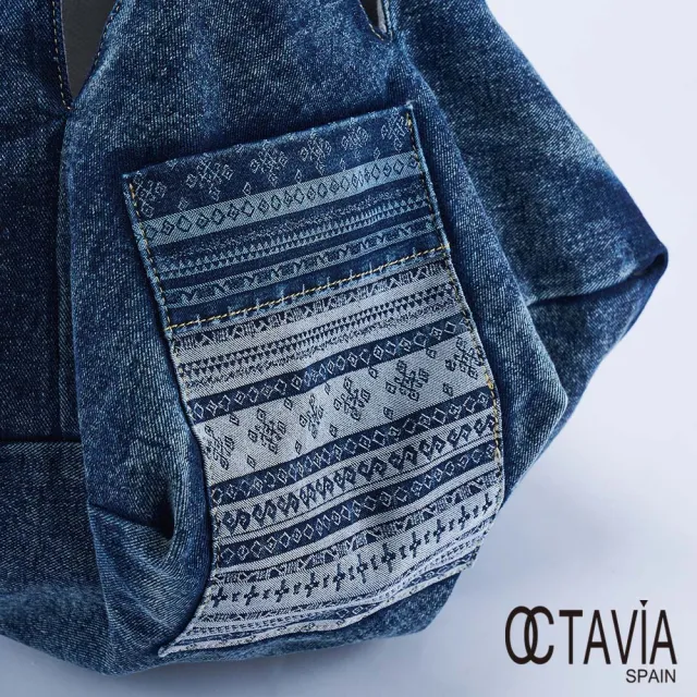 【OCTAVIA 8】雙11 吉普賽 多邊形萬向 拼布牛仔肩背包-百變藍(可後背 緹花牛仔布)