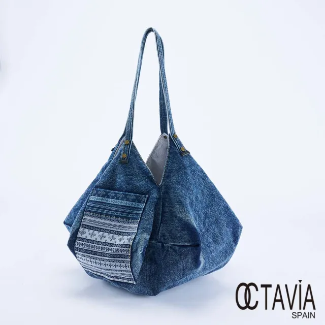 【OCTAVIA 8】雙11 吉普賽 多邊形萬向 拼布牛仔肩背包-百變藍(可後背 緹花牛仔布)