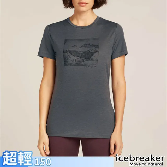 【Icebreaker】女 100%美麗諾羊毛 Tech Lite 圓領短袖上衣 _山湖印象-150(IB0A57CA-0A1 深煙灰黑)