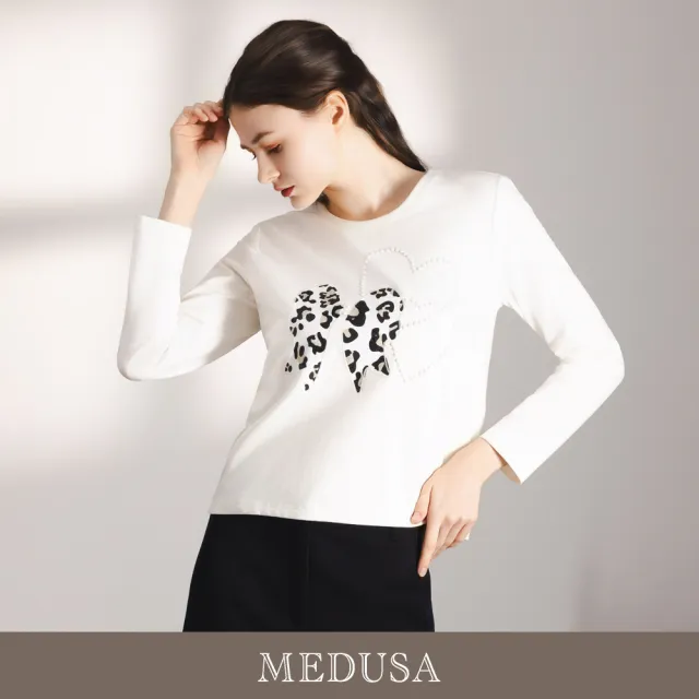 【MEDUSA 曼度莎】現貨-小豹紋可愛蝴蝶結長袖T恤 - 2色（M-XL）｜女休閒上衣 長袖上衣 甜美穿搭(701-54401)