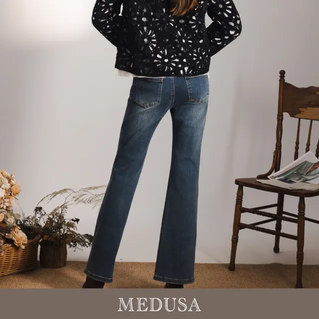 【MEDUSA 曼度莎】現貨-蕾絲點點鑽飾長腿喇叭牛仔褲（M-XL）｜女休閒長褲 顯瘦褲型 修飾比例(701-32202)