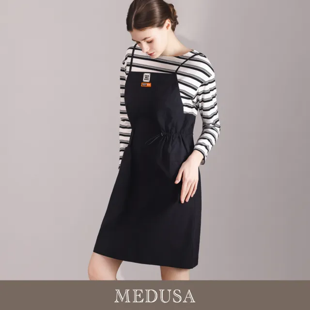【MEDUSA 曼度莎】現貨-休閒日系條紋吊帶抽繩洋裝（M-XL）｜休閒洋裝 日系穿搭 修飾版型 休閒風(701-71906)