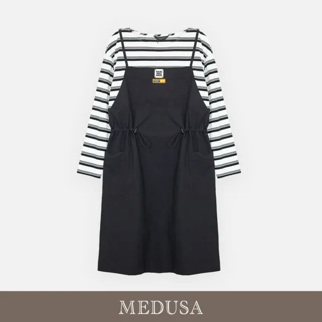 【MEDUSA 曼度莎】現貨-休閒日系條紋吊帶抽繩洋裝（M-XL）｜休閒洋裝 日系穿搭 修飾版型 休閒風(701-71906)