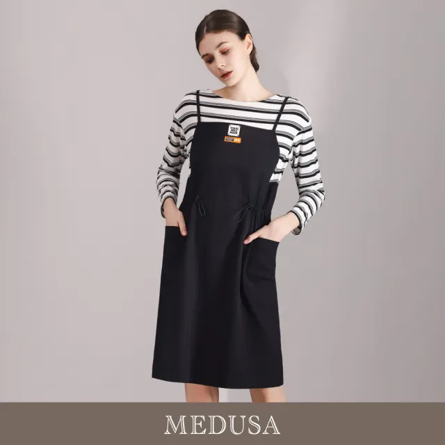 【MEDUSA 曼度莎】現貨-休閒日系條紋吊帶抽繩洋裝（M-XL）｜休閒洋裝 日系穿搭 修飾版型 休閒風(701-71906)