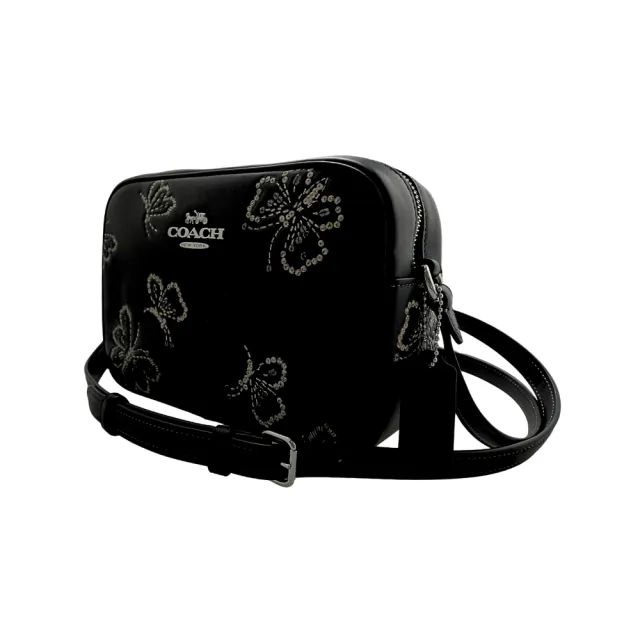 【COACH】仿刺繡亮粉亮片燙印蝴蝶皮雕黑色皮革斜背相機包(亮粉亮片燙印/蝴蝶皮雕/黑色/中款)