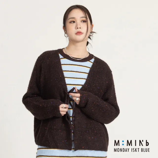 【M：MINb】繽紛織線開襟綁帶毛衣外套(深咖/中大尺碼女裝/XL女裝/女裝/大尺碼裙/針織上衣/針織外套)