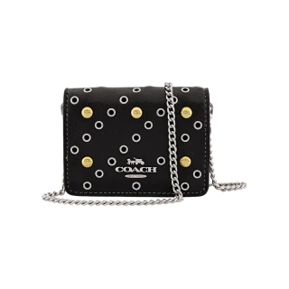 【COACH】荔枝紋皮革鍊帶頸掛斜背方型卡夾零錢小廢包(金銀鉚釘/黑色)