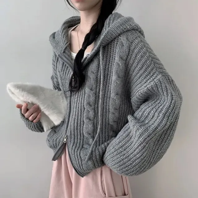 【D.studio】韓版麻花連帽雙拉鍊寬鬆毛衣外套(針織上衣冬天女裝保暖外套 運動外套連帽外套長袖上衣J414)