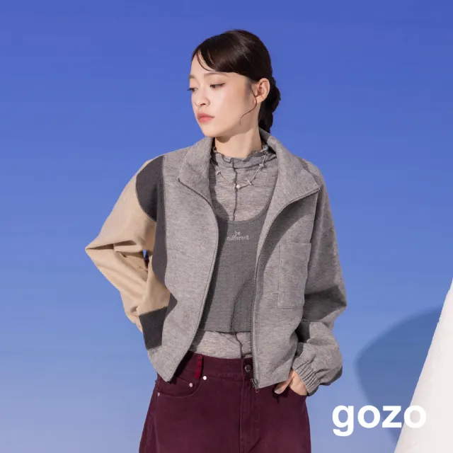 【gozo】異材質拼色立領廓型外套(灰色)