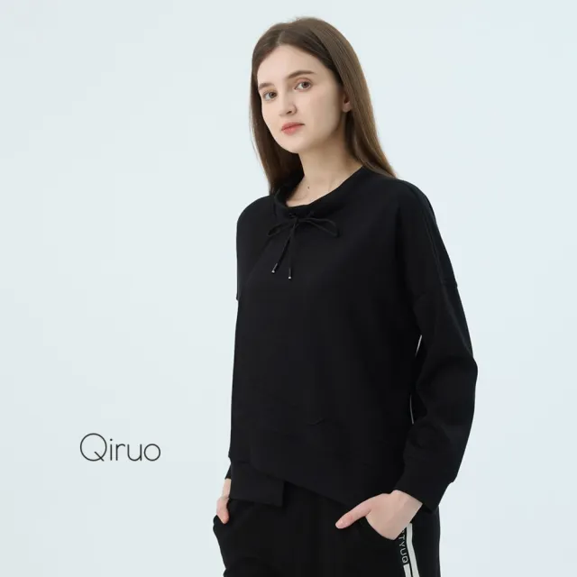 【Qiruo 奇若名品】軟絨棉質 下擺上下交叉長袖黑色長袖上衣 4027A 