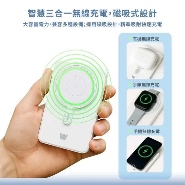 【Wephone】5in1磁吸無線多功能行動電源(10000mAh Qi無線 PD快充 金屬支架)