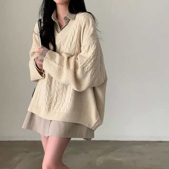 【D.studio】韓版簡約麻花寬鬆毛衣(針織上衣長袖上衣保暖上衣 冬天女裝 秋冬女裝發熱衣長袖t恤W354)