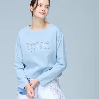 【NAUTICA】官方旗艦 女裝 草寫文字刺繡短版長袖T恤(藍色)