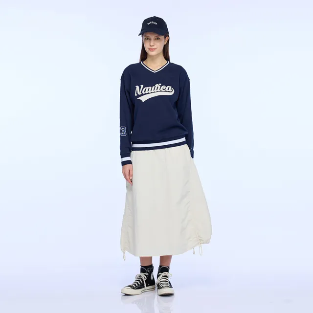 【NAUTICA】官方旗艦 女裝 復古V領羅紋滾邊長袖T恤(深藍色)