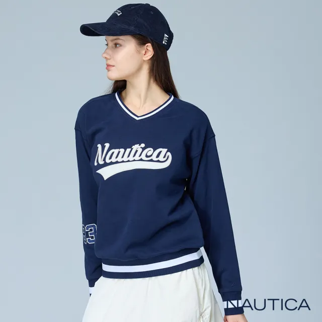 【NAUTICA】官方旗艦 女裝 復古V領羅紋滾邊長袖T恤(深藍色)