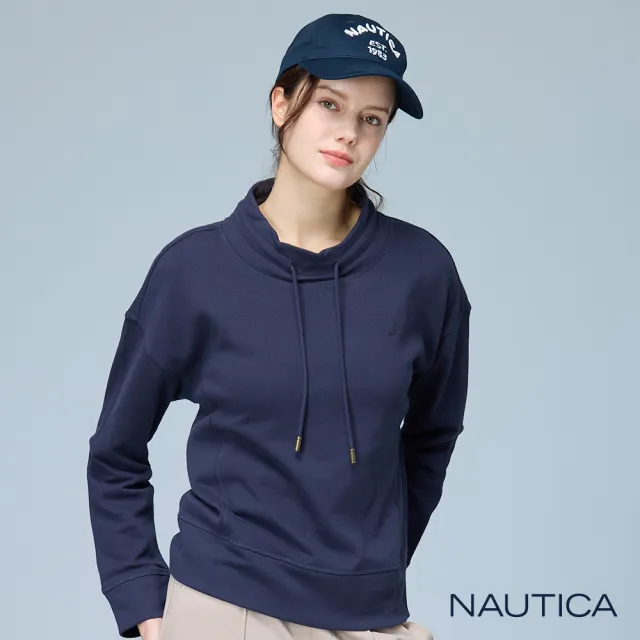 【NAUTICA】官方旗艦 女裝 抽繩高領設計感長袖T恤(藍色)