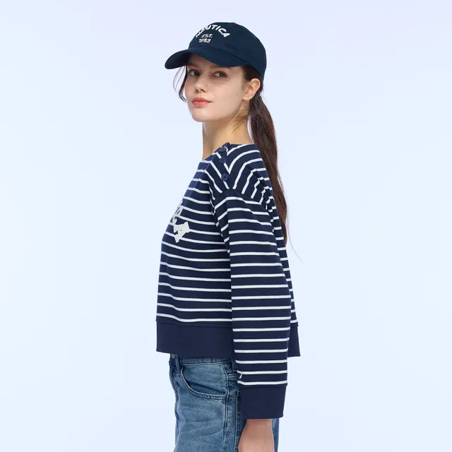 【NAUTICA】官方旗艦 女裝 條紋字母肩扣短版長袖T恤(藍色)