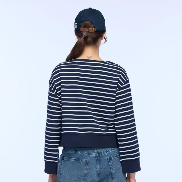 【NAUTICA】官方旗艦 女裝 條紋字母肩扣短版長袖T恤(藍色)