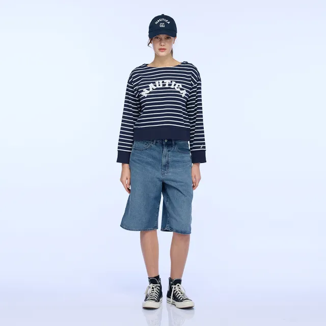 【NAUTICA】官方旗艦 女裝 條紋字母肩扣短版長袖T恤(藍色)