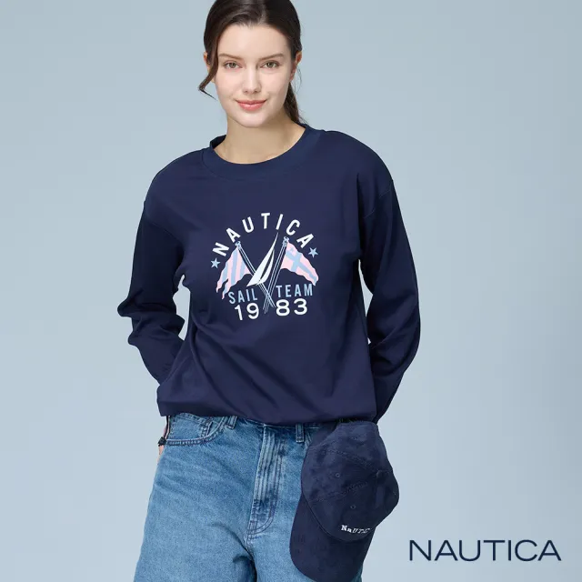 【NAUTICA】官方旗艦 女裝 經典帆船旗幟印花長袖T恤(藍色)