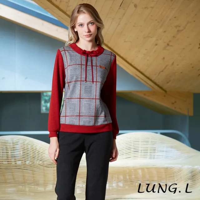 【LUNG.L 林佳樺】LU17A 紅色英倫格紋拼接抽繩長袖女裝上衣(秋冬新品)